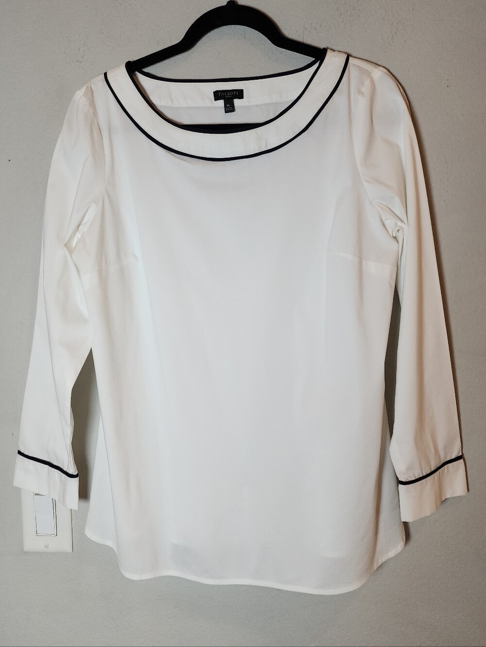 Talbots White Shirt Top Black Trim Stretch Cotton Poplin Blend Size MP